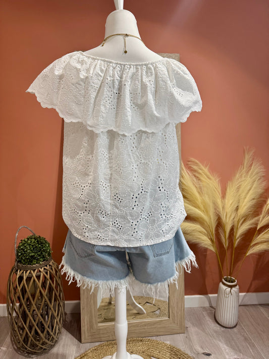 BLOUSE "ROMANCE"BLANCHE BRODE EPAULES DENUDEES