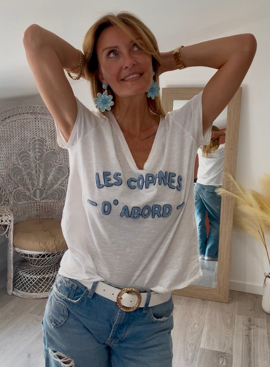 T-shirt COPINE blanc et bleu à bouclette