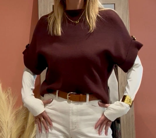 PULL BOUTON MARTELÉ CHOCOLAT