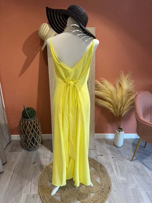 ROBE LONGUE "SISSI JAUNE" A POCHE, CEINTURE ET DOS EN V