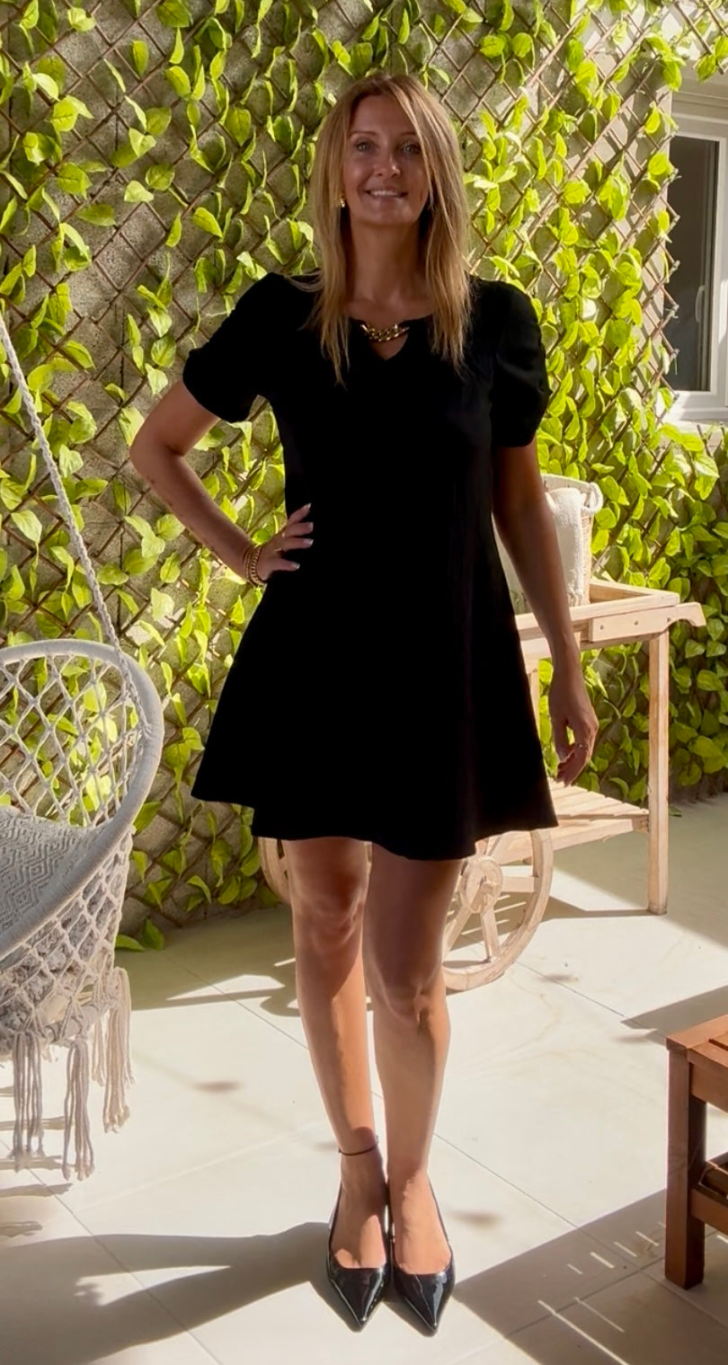 ROBE TRAPEZE "ZELI" COL EN V ET BIJOU