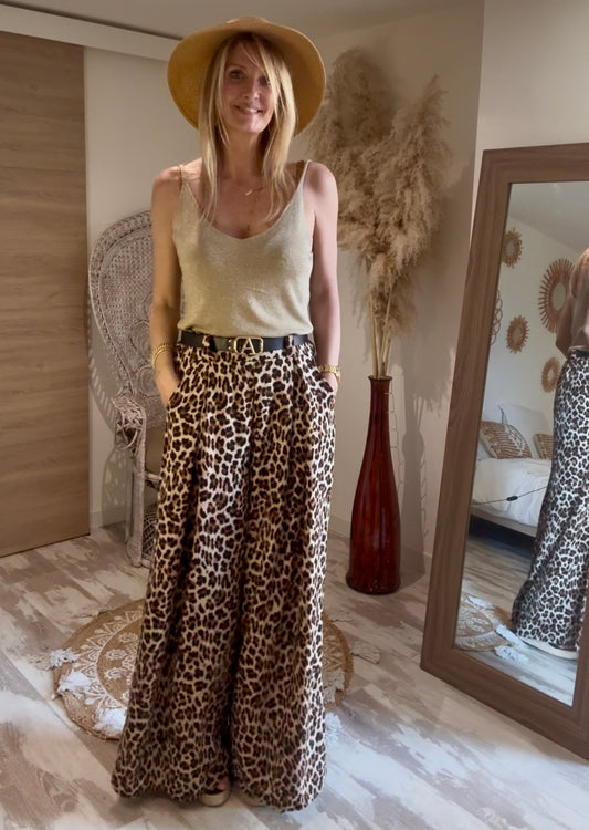 PANTALON "DARLING LEOPARD" FLUIDE AVEC CEINTURE NOIRE A BOUCLE DOREE