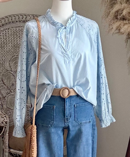 CHEMISIER BLEU "ROMEO" EN BRODERIE ANGLAISE