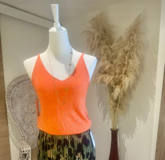 TOP  "MACUMBA" A BRIDES DOUX ET BRILLANT ORANGE NOIR OU DORE