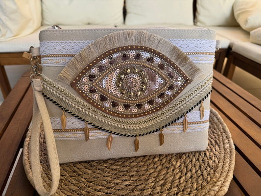 SAC A MAIN / POCHETTE "MYSTIKA" OEIL ROSE ANSE ET BANDOULIERE