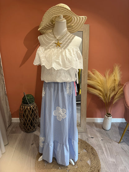 JUPE LONGUE "FLORA" RAYE BLEUE ET BLANCHE A FLEUR BRODE