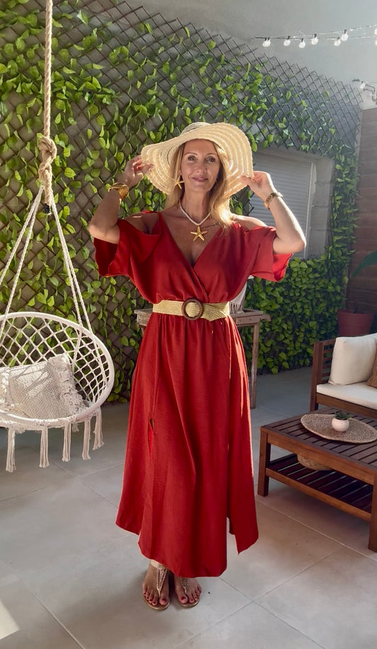 ROBE LONGUE "CLEOPATRE" TERRACOTTA  EPAULE DENUDEES