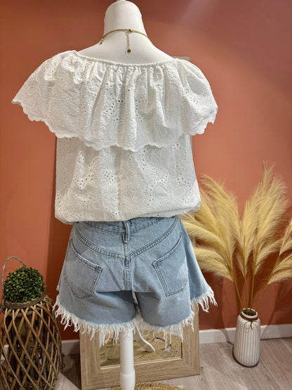 BLOUSE "ROMANCE"BLANCHE BRODE EPAULES DENUDEES