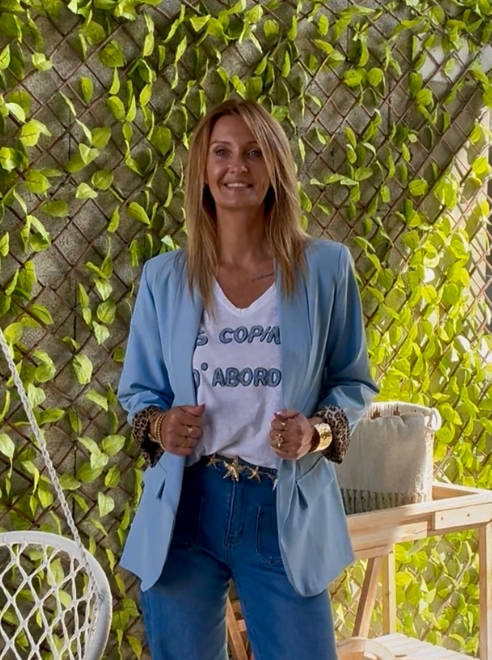 BLAZER BLEU "SAVANE" REVERS ET DOUBLURE LEOPARD