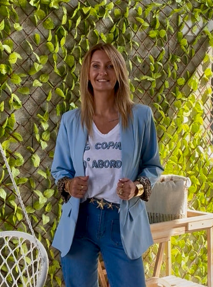 BLAZER BLEU "SAVANE" REVERS ET DOUBLURE LEOPARD