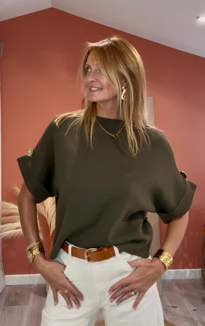 PULL BOUTON MARTELÉ KAKI