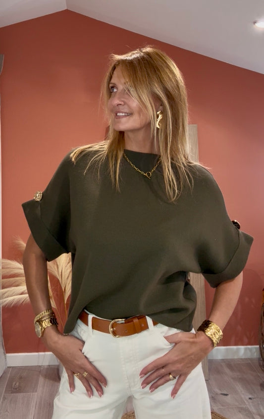 PULL BOUTON MARTELÉ KAKI