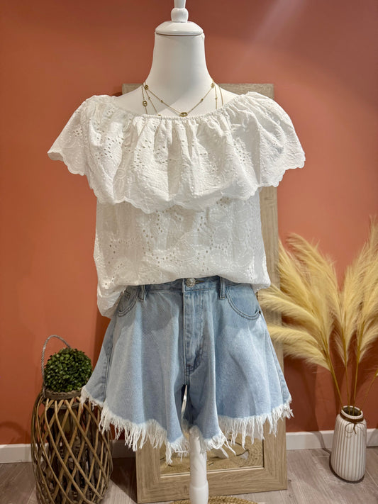 BLOUSE "ROMANCE"BLANCHE BRODE EPAULES DENUDEES