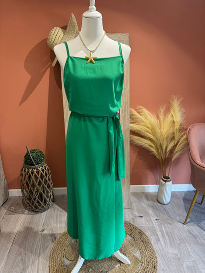 ROBE LONGUE "SISSI VERTE" A POCHES, CEINTURE ET DOS EN V
