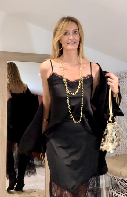 Top CAT'S EYES Noir satin dentelle