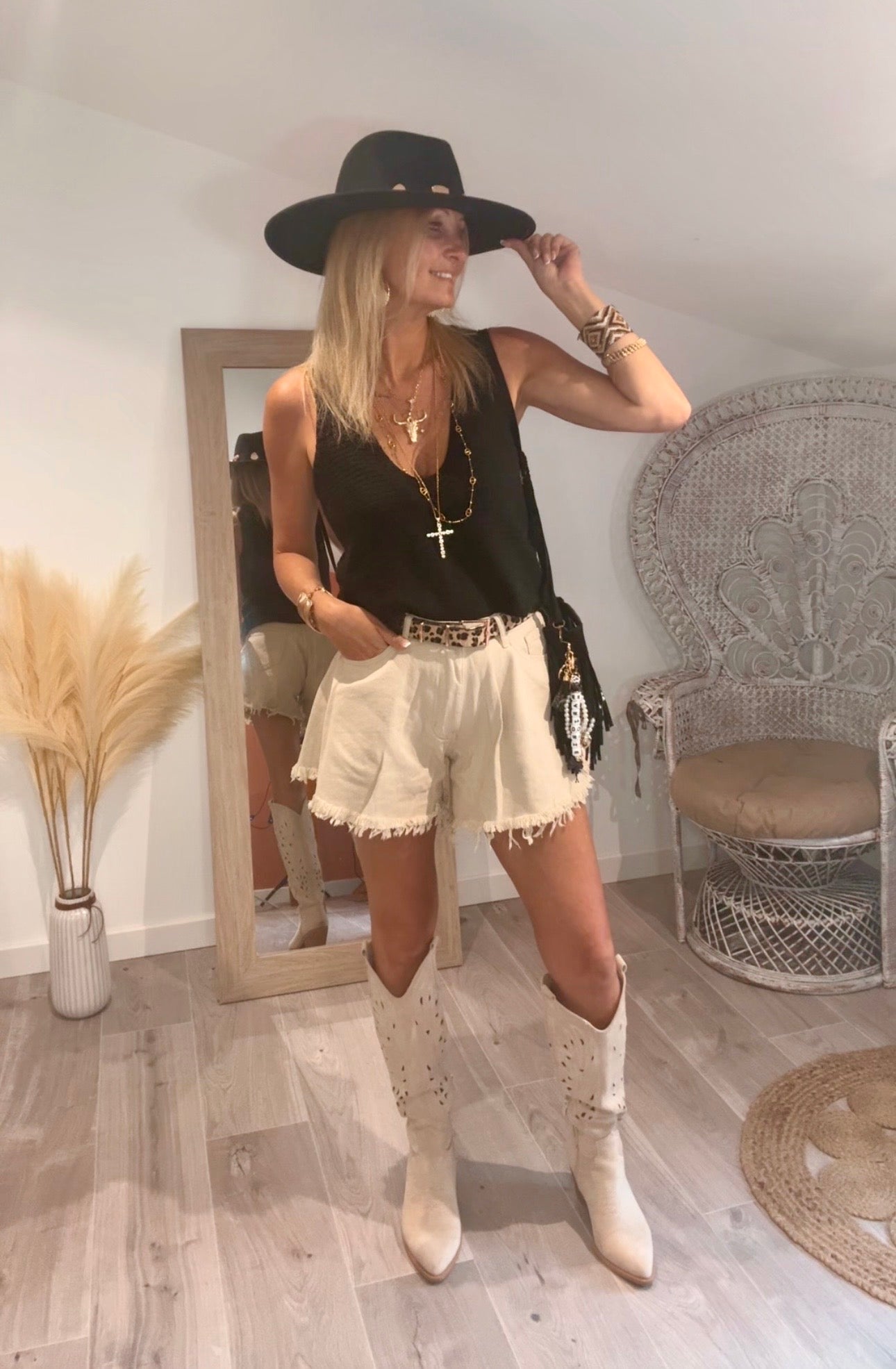 Short en jean évasé COACHELLA bohème écru sable