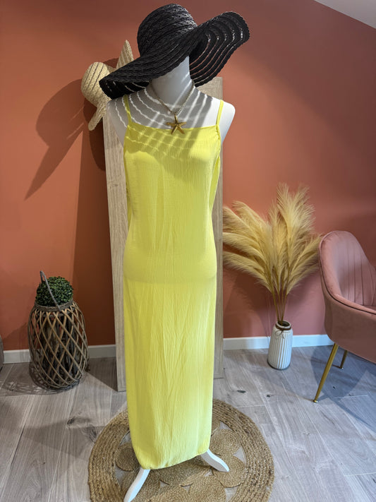 ROBE LONGUE "SISSI JAUNE" A POCHE, CEINTURE ET DOS EN V