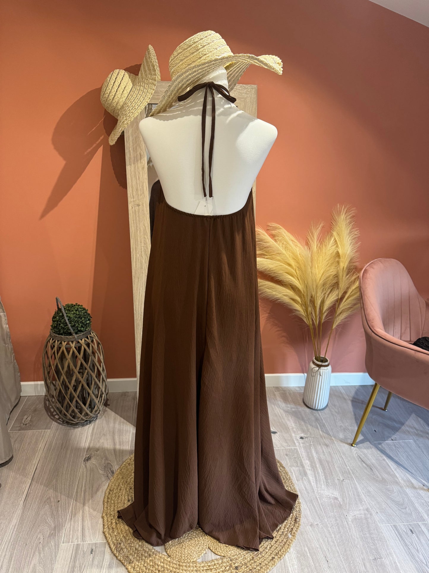 ROBE LONGUE "ETOILE DE MER" MARRON AVEC BIJOU DORE