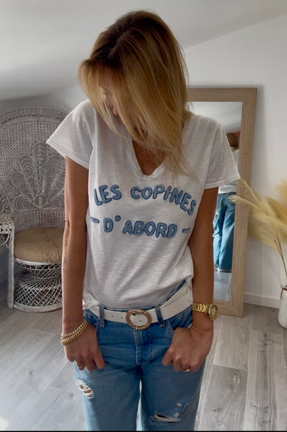 T-shirt COPINE blanc et bleu à bouclette