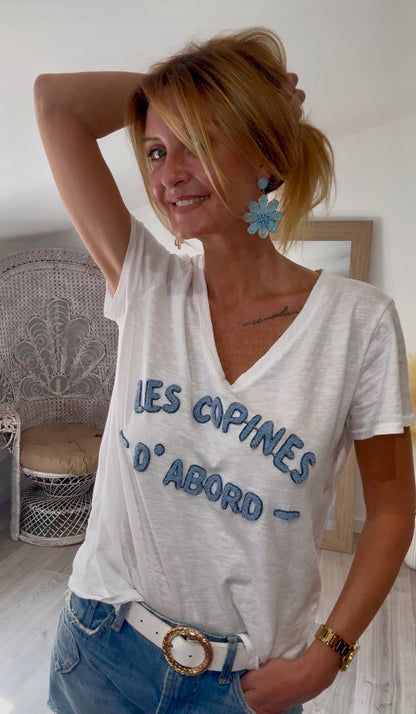 T-shirt COPINE blanc et bleu à bouclette