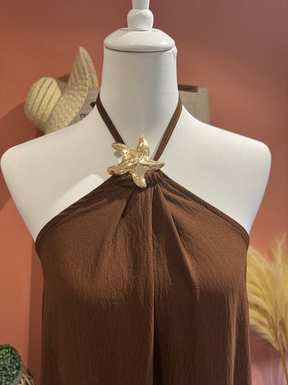 ROBE LONGUE "ETOILE DE MER" MARRON AVEC BIJOU DORE