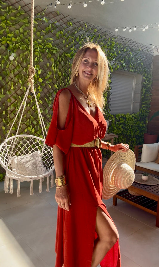 ROBE LONGUE "CLEOPATRE" TERRACOTTA  EPAULE DENUDEES