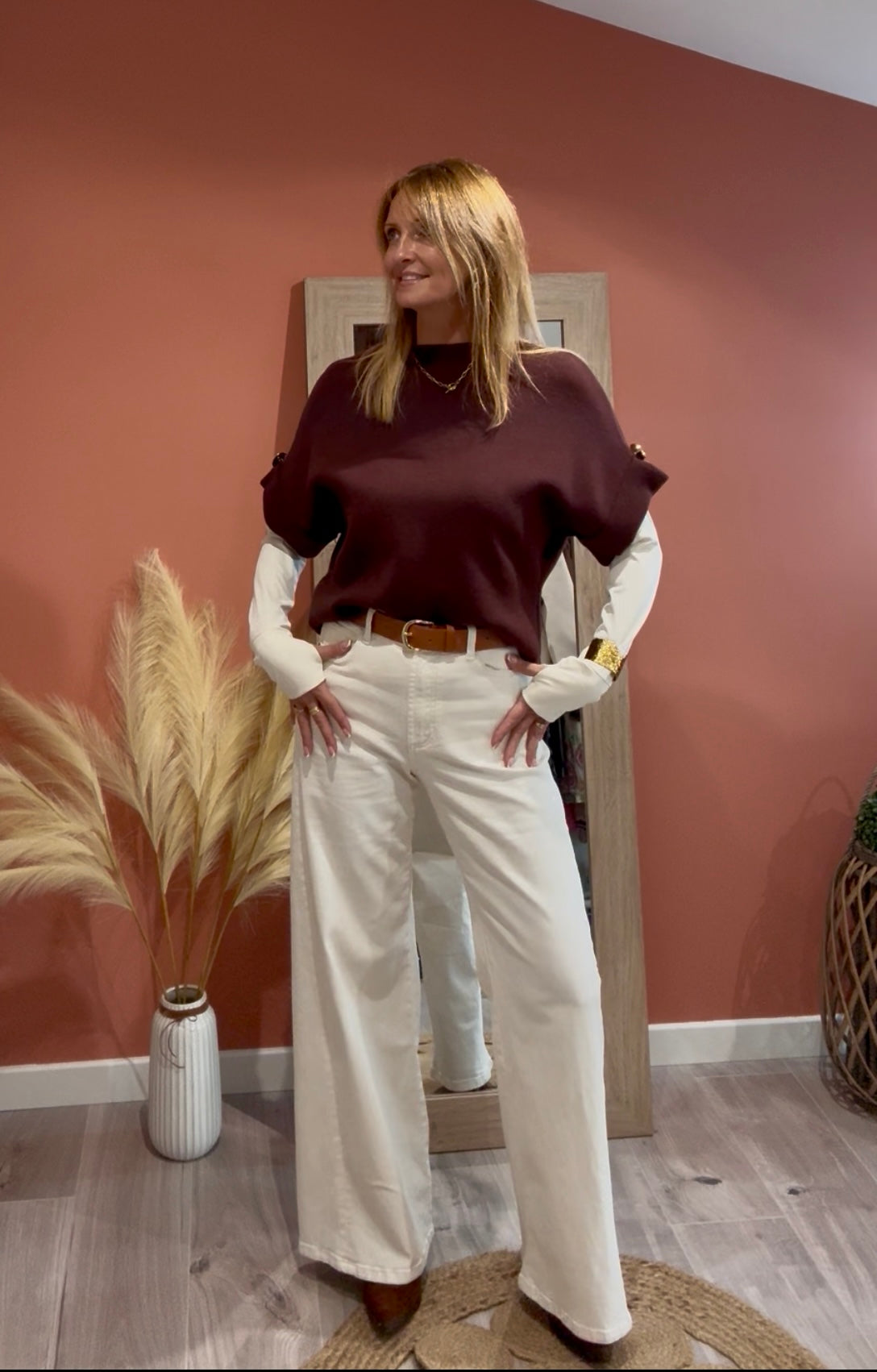 PULL BOUTON MARTELÉ CHOCOLAT