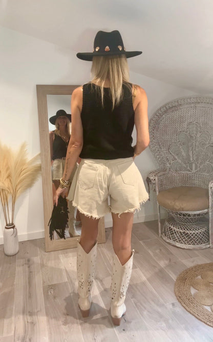 Short en jean évasé COACHELLA bohème écru sable