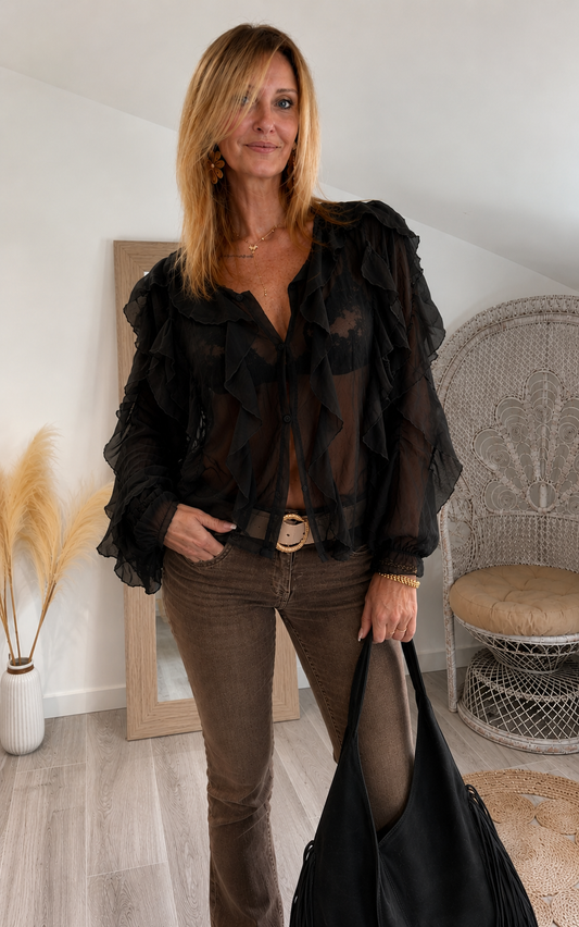 Blouse noire MARIA à volants