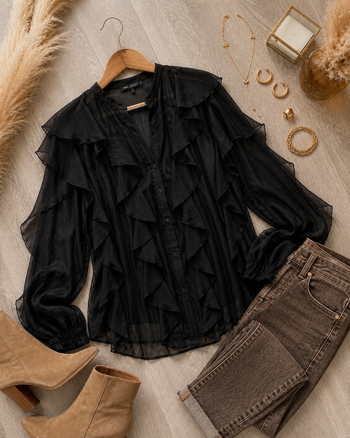 Blouse noire MARIA à volants