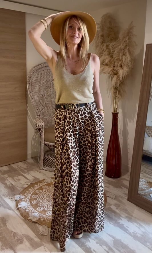 PANTALON "DARLING LEOPARD" FLUIDE AVEC CEINTURE NOIRE A BOUCLE DOREE