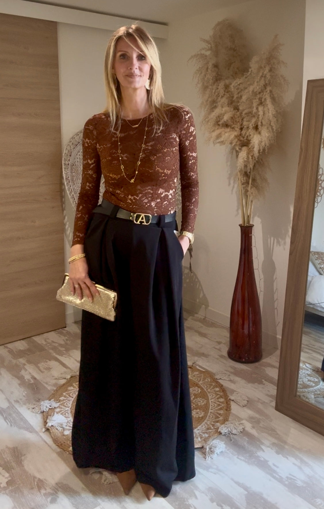 PANTALON "DARLING LEOPARD" FLUIDE AVEC CEINTURE NOIRE A BOUCLE DOREE
