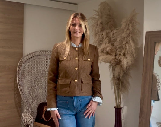 VESTE MARRON "KENNEDY"EN TWEED ET BOUTONS DORES