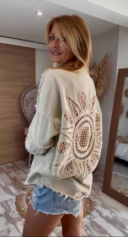 CHEMISE "WOODSTOCK" BEIGE EN  JEAN SOUPLE DOS AJOURÉ