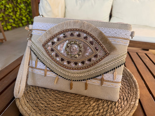 SAC A MAIN / POCHETTE "MYSTIKA" OEIL ROSE ANSE ET BANDOULIERE